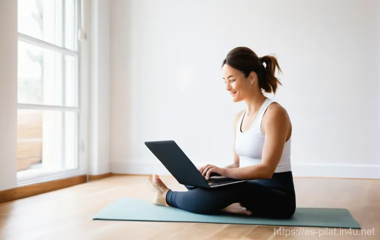 필라테스 강사 블로그 운영 팁 - **Prompt:** A warm and authentic female Pilates instructor, in her late 30s, sitting gracefully on a...