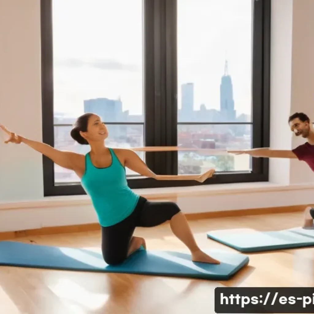 필라테스 강사와 자기소개서 작성 - A warm and inviting Pilates studio scene in a modern, sunlit room with wooden floors and large windo...