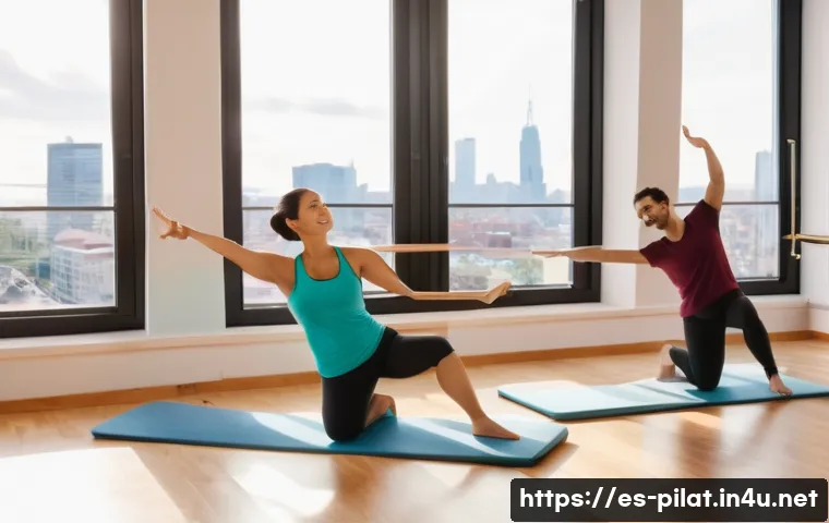 필라테스 강사와 자기소개서 작성 - A warm and inviting Pilates studio scene in a modern, sunlit room with wooden floors and large windo...