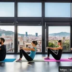 필라테스 강사로 해외 취업하기 - A professional Pilates instructor leading a diverse group class in a modern studio in Barcelona, Spa...