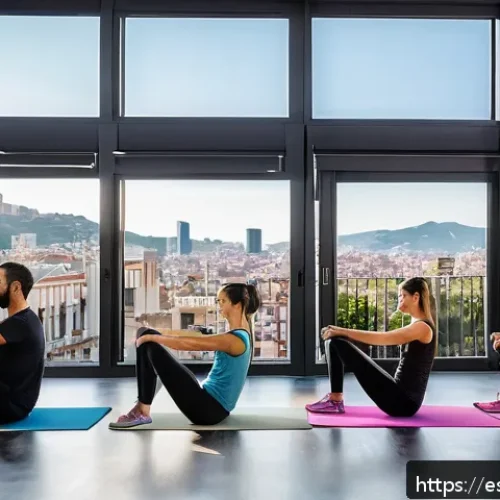 필라테스 강사로 해외 취업하기 - A professional Pilates instructor leading a diverse group class in a modern studio in Barcelona, Spa...