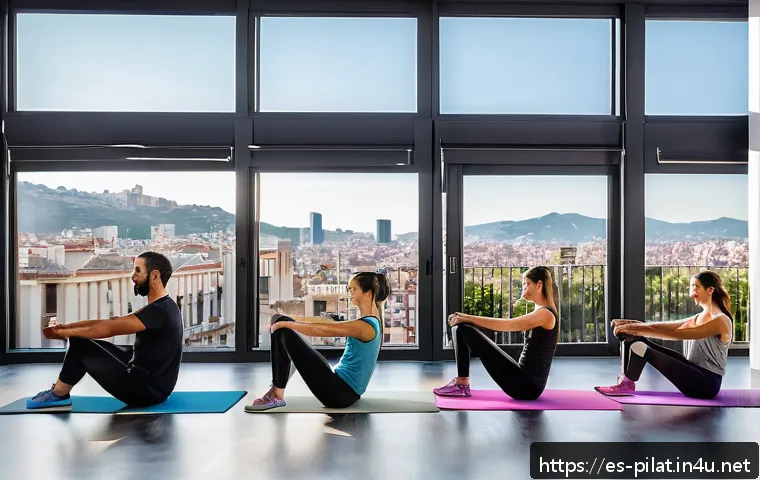 필라테스 강사로 해외 취업하기 - A professional Pilates instructor leading a diverse group class in a modern studio in Barcelona, Spa...