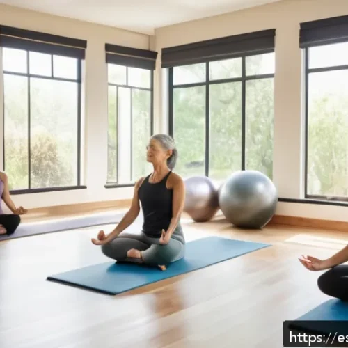 필라테스 강사 자기계발 - A serene Pilates studio scene featuring a diverse group of adult students practicing mindful Pilates...